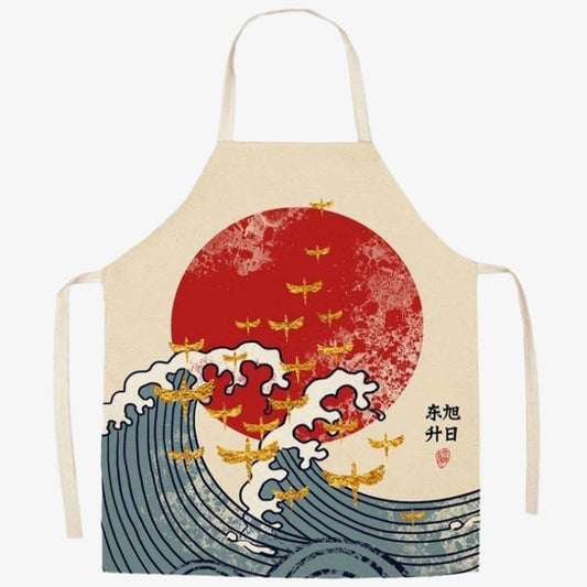 Japanische Küchenschürze und Chidori-Vögeln im Detail