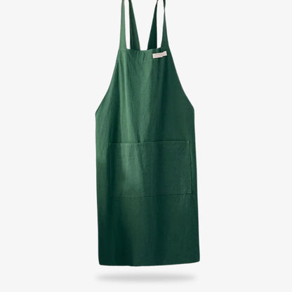 Japanische Leinenschürze mit atmungsaktivem Stoff und Kreuzträger-Design für langlebige Nutzung.