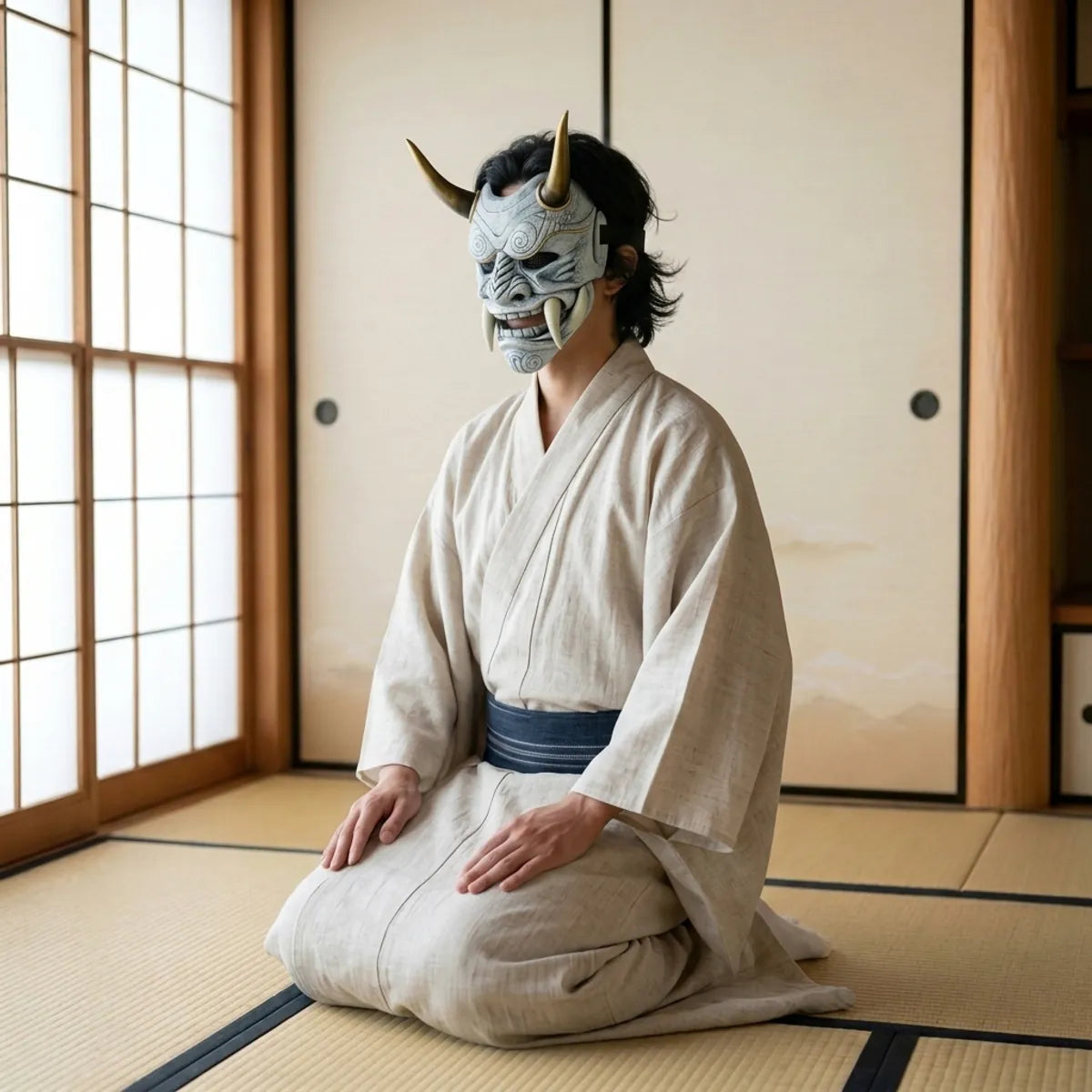 Japanische Oni Maske in Dreiviertelansicht, kniend auf Tatami im ecrufarbenen Kimono getragen