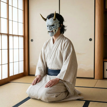 Japanische Oni Maske in Dreiviertelansicht, kniend auf Tatami im ecrufarbenen Kimono getragen