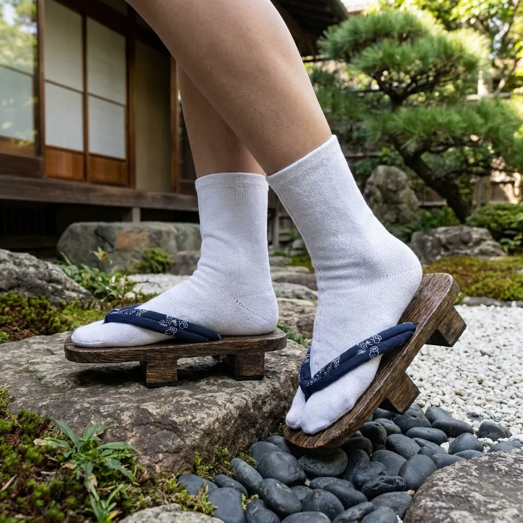 Japanische Schuhe Damen mit dunklem Holzgeta und marineblauem Hanao Riemen
