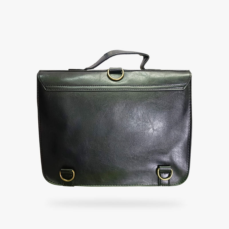 Schwarze japanische Vintage-Schultasche aus Kunstleder in Nahaufnahme