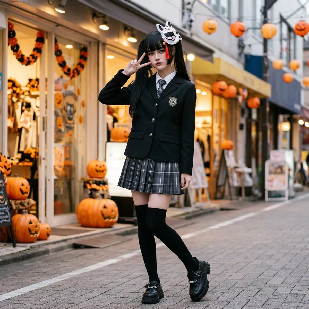 Japanische Schuluniform auf einer Straße in Tokio mit Katzenmaske am Kopf