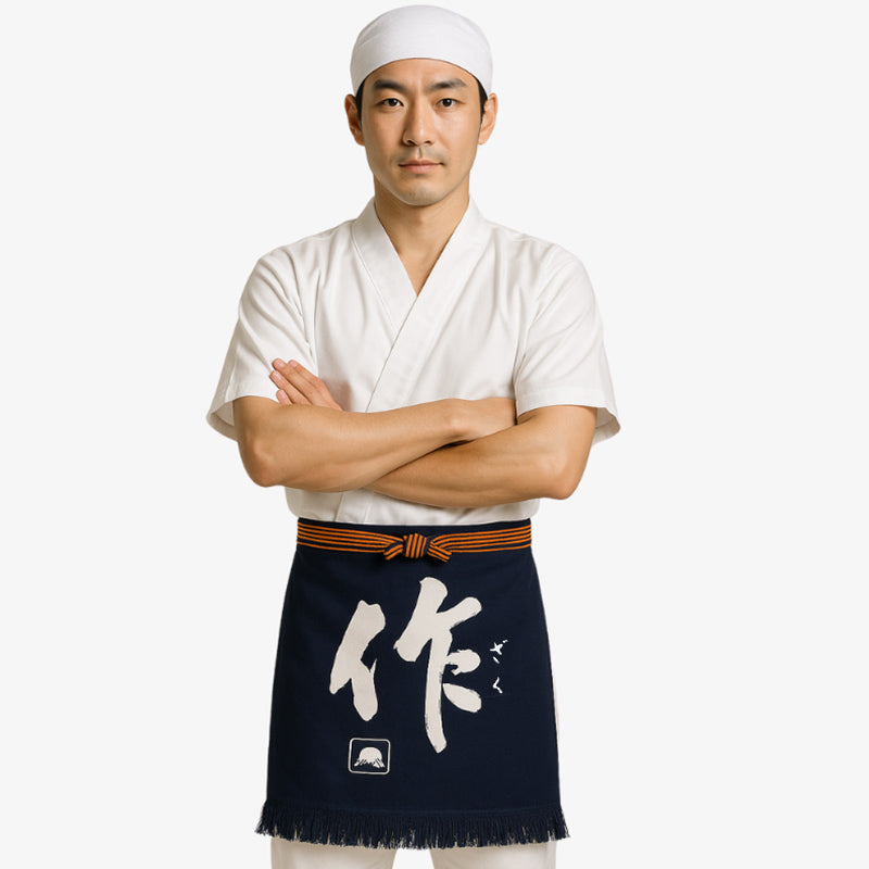 Japanische Schürze für Herren in navy Baumwolle mit weißem Kanji im Maekake-Stil
