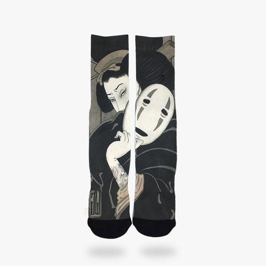 Paar japanische Tabi Socken mit Geisha Motiv und gesichtsloser Maske im Anime Stil