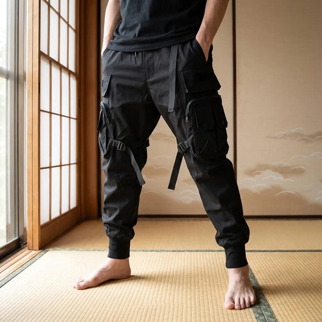 Japanische Techwear Hose in Schwarz mit weitem Beinschnitt