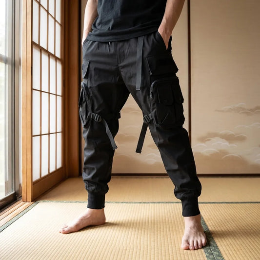 Japanische Techwear Hose in Schwarz mit weitem Beinschnitt