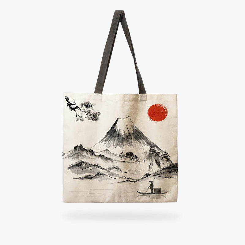 Japanische Tragetasche aus Leinen mit Ukiyo-e-Motiv, Fuji und Sakura-Zweig für den Alltag