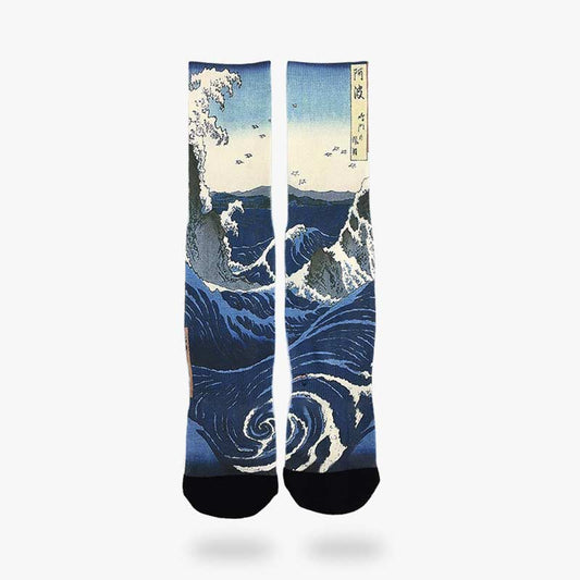 Blaue japanische Wellen-Socken mit gedrucktem Muster der Großen Welle von Kanagawa