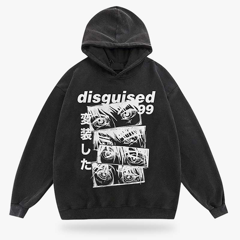 Japanischer Anime Hoodie mit auffälligem Augen-Print und Kanji-Schriftzeichen