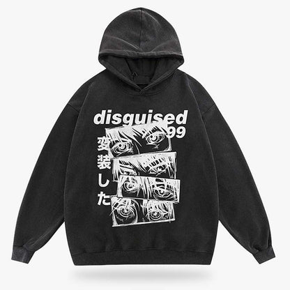 Japanischer Anime Hoodie mit auffälligem Augen-Print und Kanji-Schriftzeichen