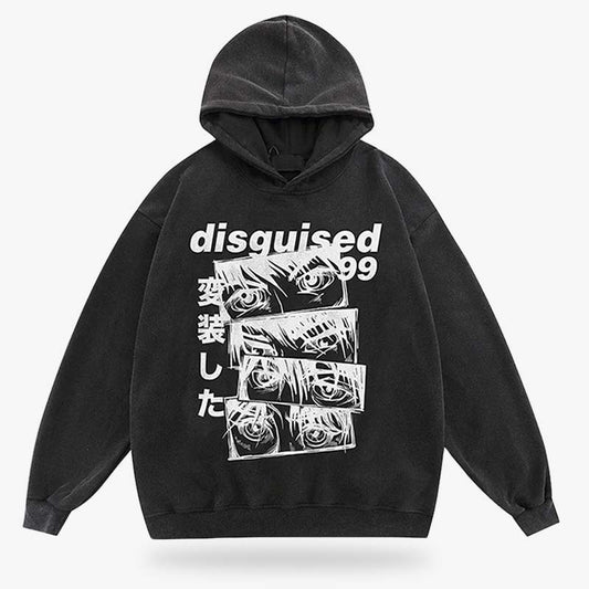 Japanischer Anime Hoodie mit auffälligem Augen-Print und Kanji-Schriftzeichen