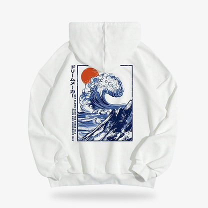 Japanischer Hoodie im Harajuku Stil mit detailliertem Landschaftsdruck auf Baumwolle
