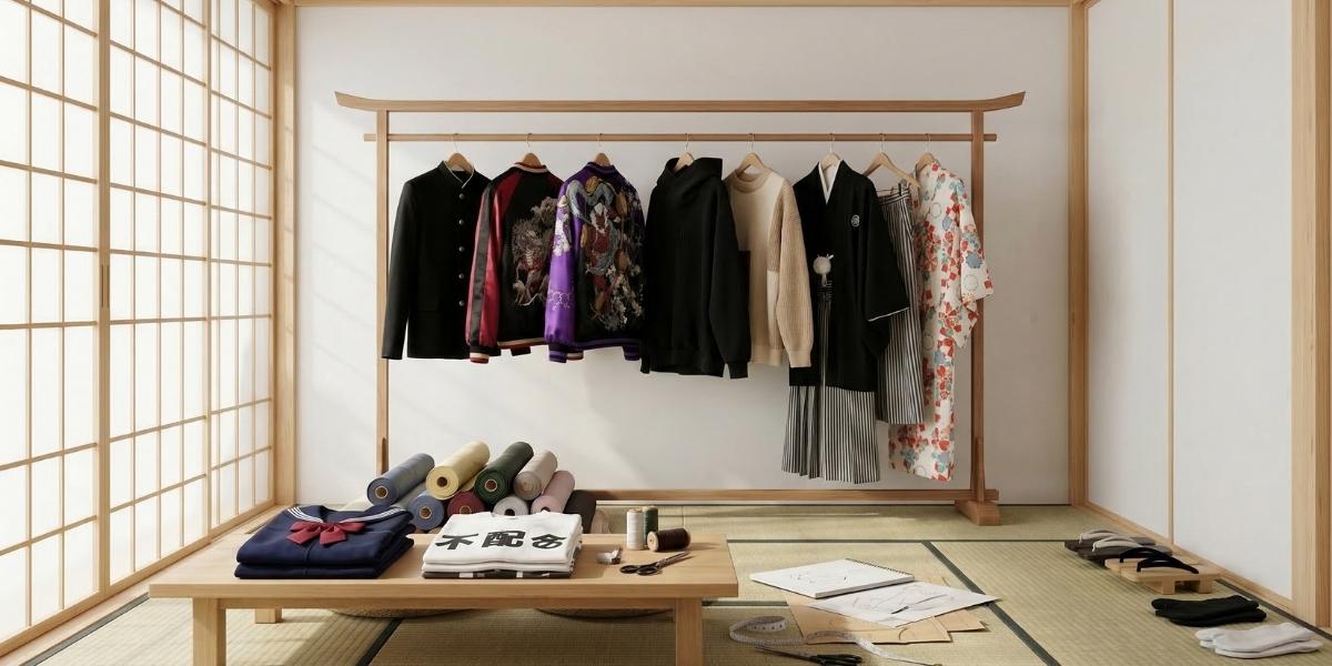 Kleiderstange mit japanischer Kleidung in einem Laden