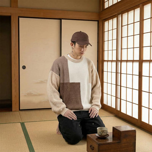 Mann sitzt im traditionellen japanischen Raum und trägt einen japanischen Pullover