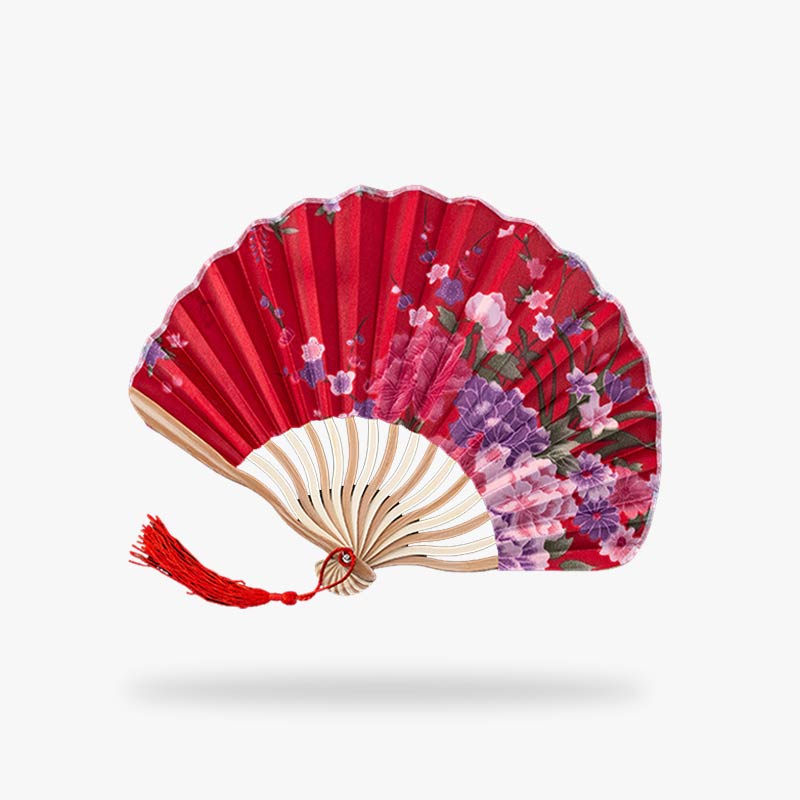 Roter japanischer Fächer mit Blütenmuster aus Bambus und Satin