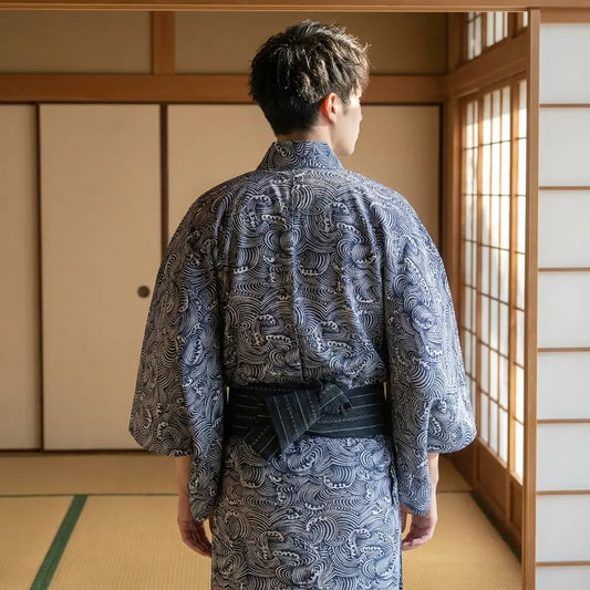 Rückansicht des Wellen-Kimonos mit weiten Ärmeln