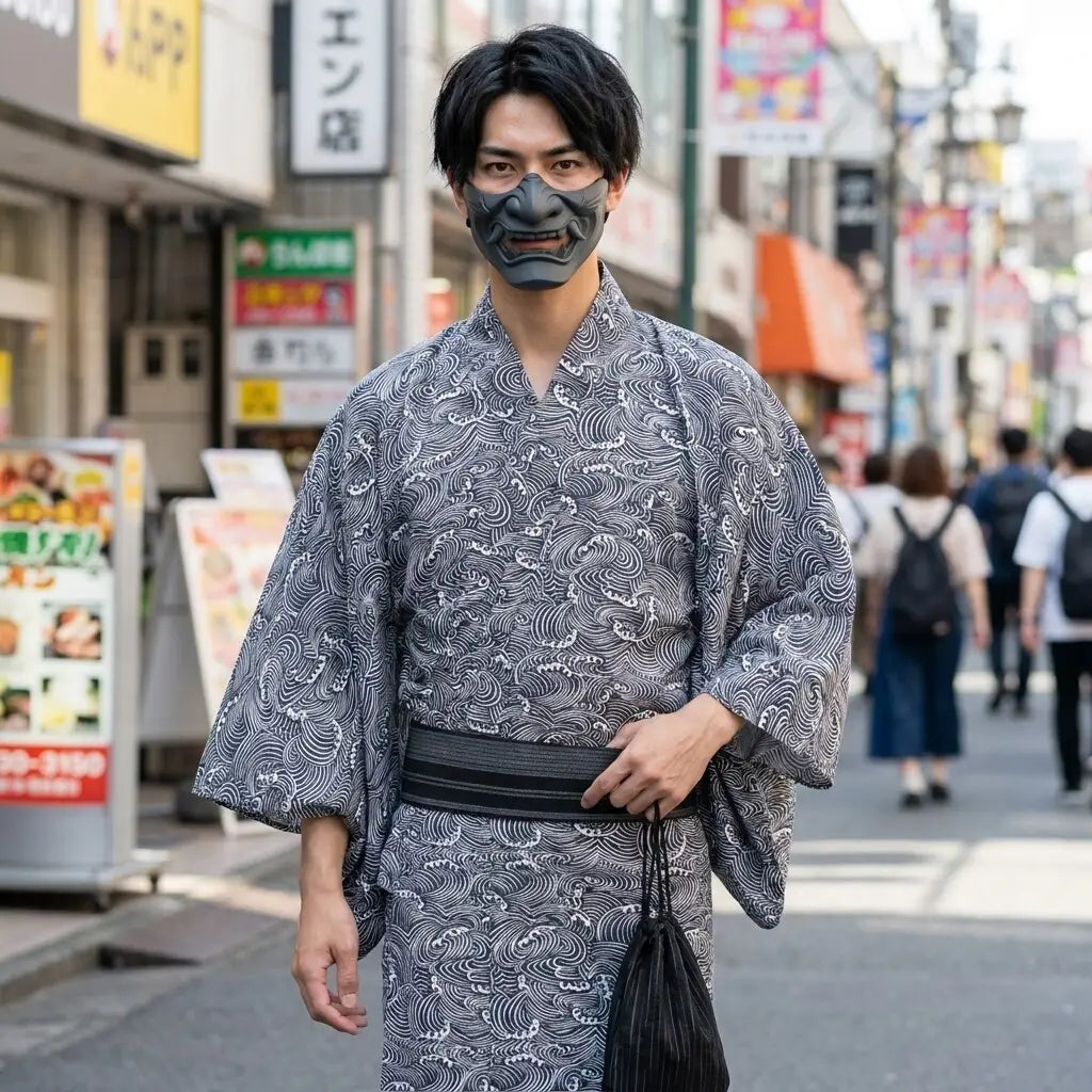 Nahaufnahme des Seigaiha-Wellenmusters am Kimono vorne