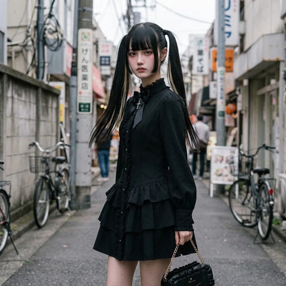 Gothic-Punk-Kleid im Dreiviertelprofil in Harajuku, gepufter Ärmel und zwei Rüschenlagen sichtbar