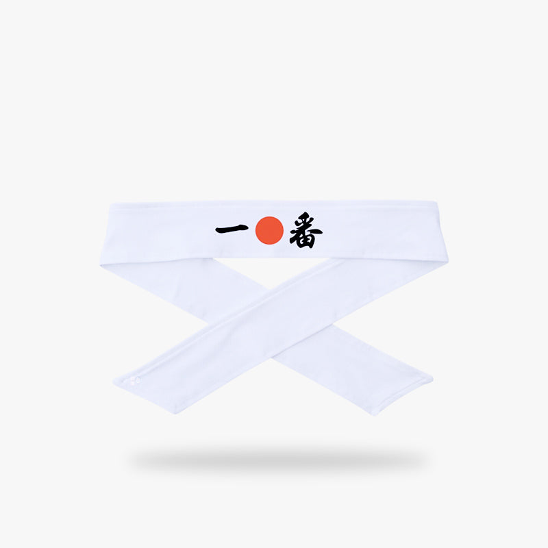 Weißes Hachimaki Stirnband mit rotem Kreis und Kanji Ichiban Symbol