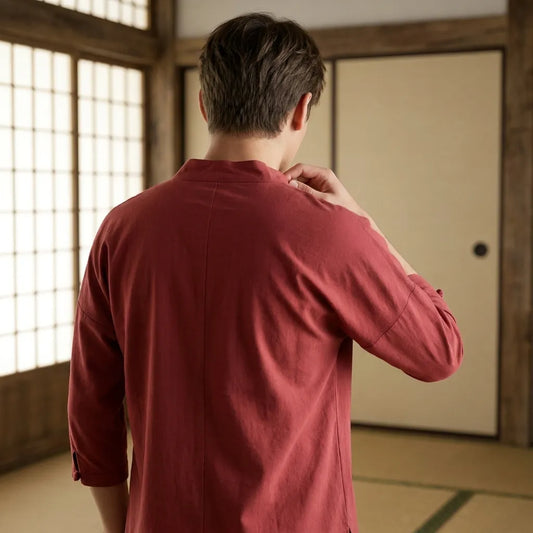 Rückansicht des roten japanischen Herrenhemds aus Leinen im Wabi-Sabi-Stil