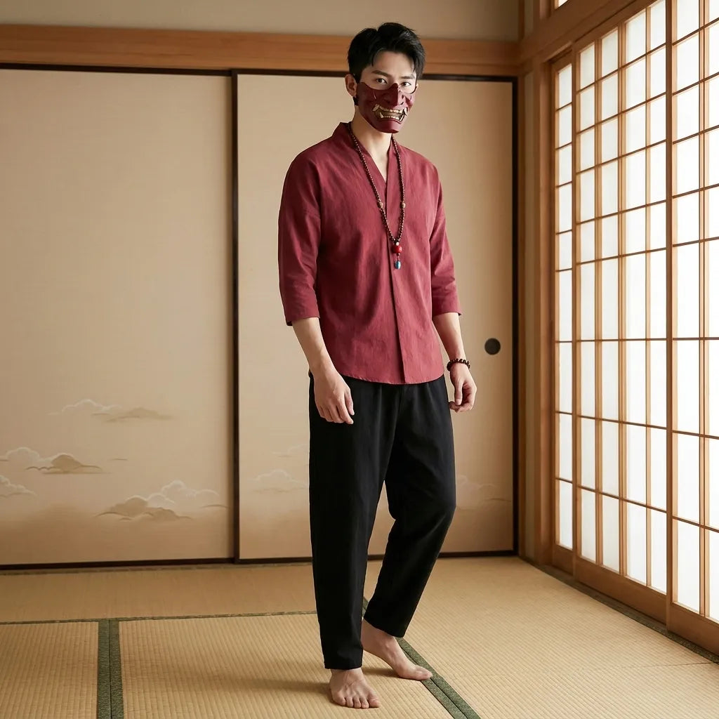 Rotes japanisches Herrenhemd aus Leinen mit minimalistischem V-Ausschnitt von vorne