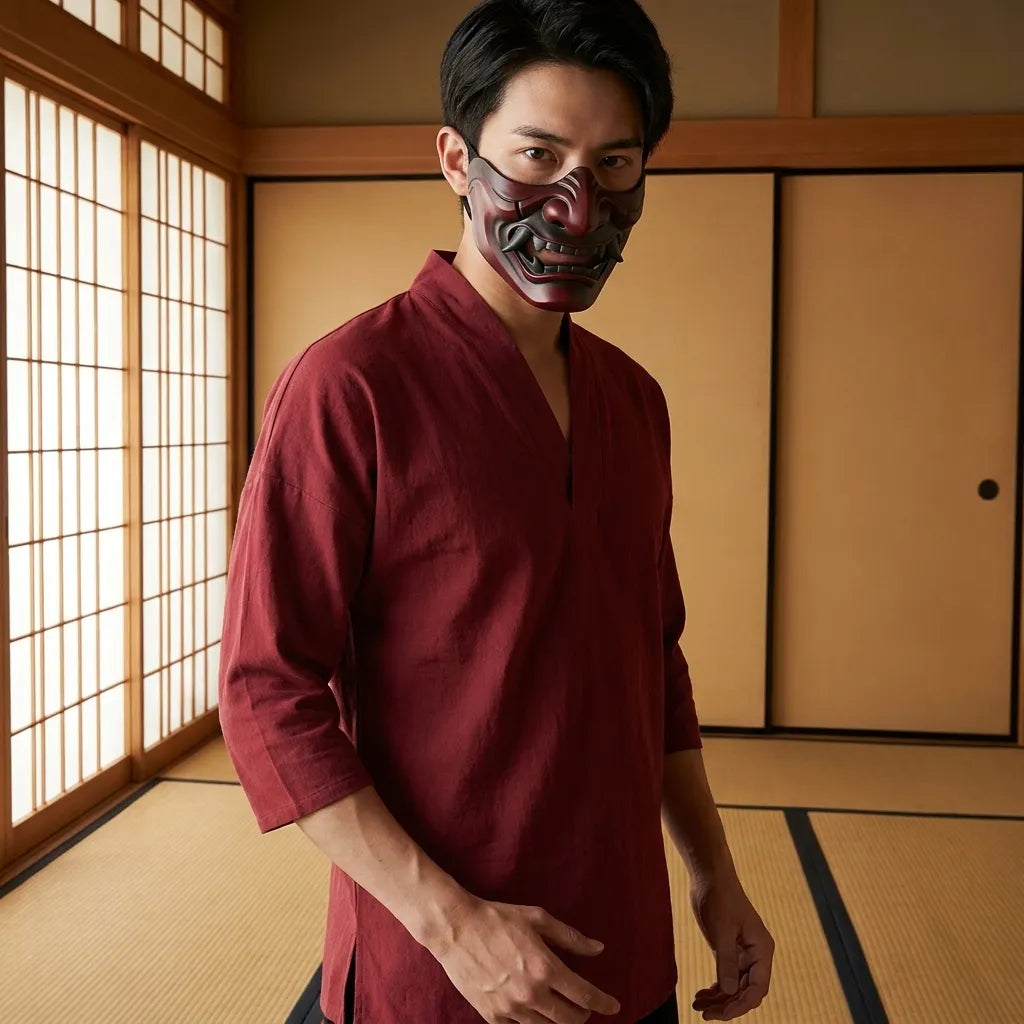 Nahaufnahme des roten japanischen Leinenhemds mit mittellangen Ärmeln