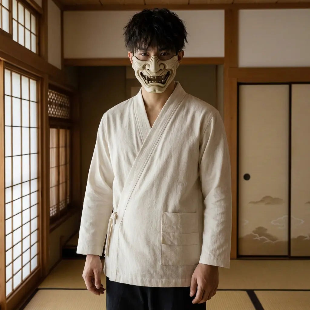 Mann trägt japanisches Samue Hemd in traditionellem Tatami Raum, Frontalansicht