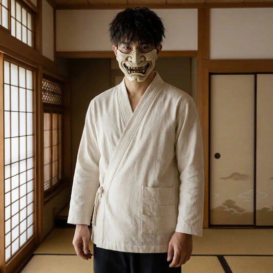 Mann trägt japanisches Samue Hemd in traditionellem Tatami Raum, Frontalansicht