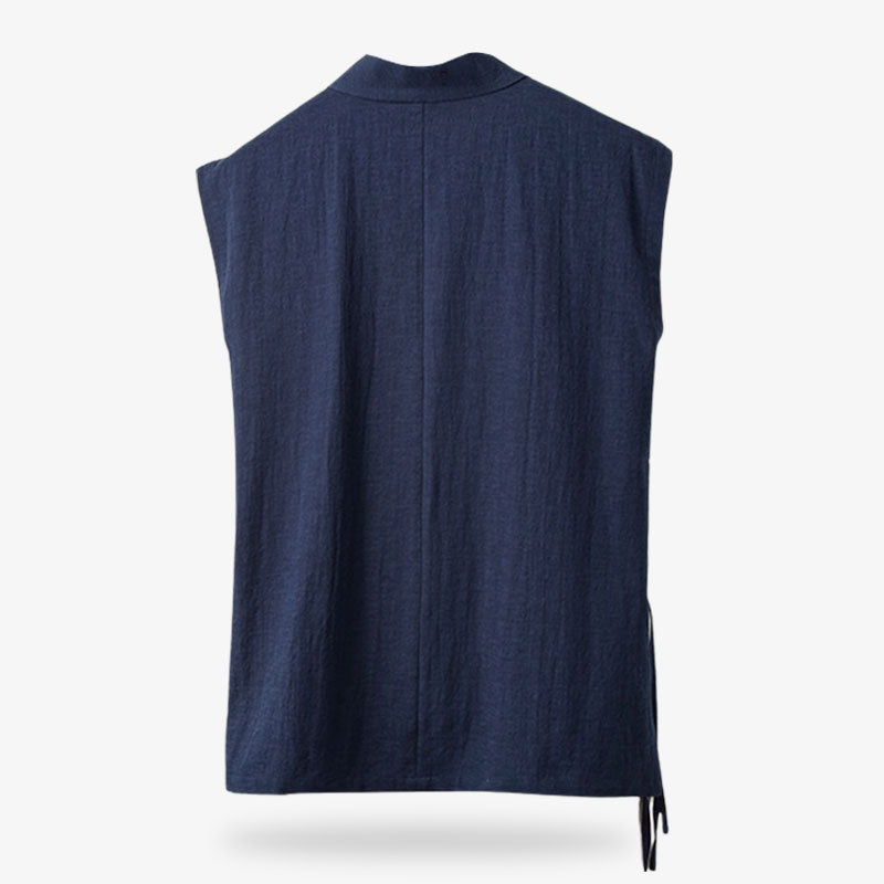 Japanisches T-Shirt für Herren in dunkelblauem Ton, ärmellos mit V-Ausschnitt