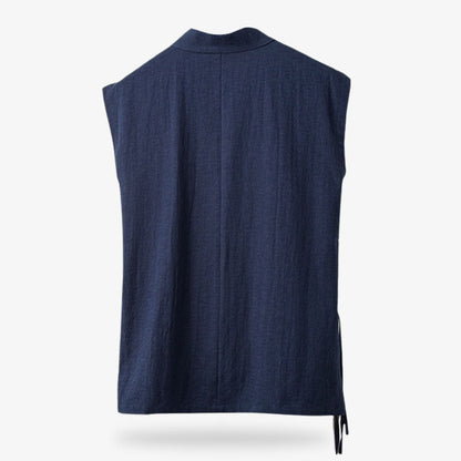 Japanisches T-Shirt für Herren in dunkelblauem Ton, ärmellos mit V-Ausschnitt