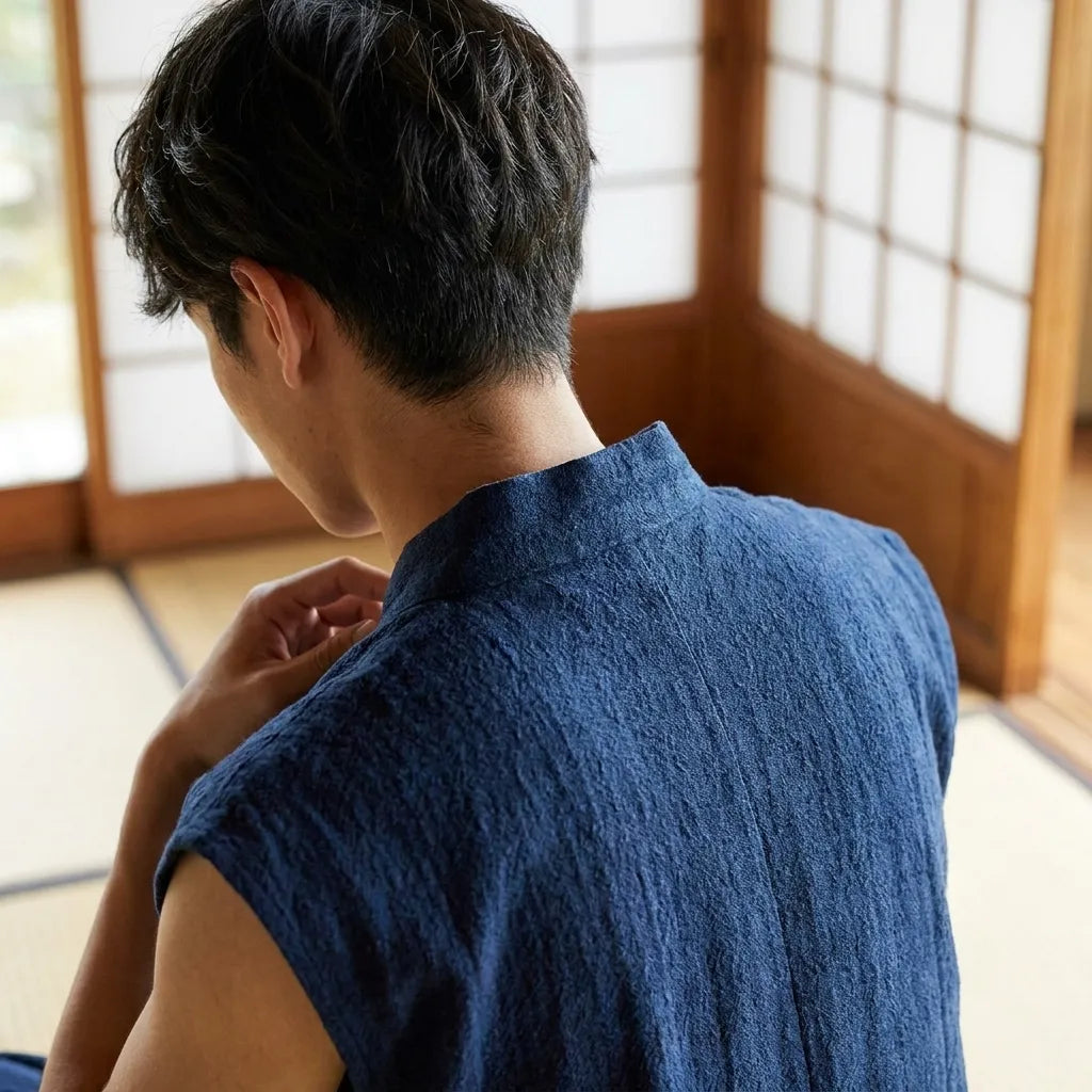 Rückansicht des japanischen T-Shirts für Herren aus Leinen mit Clip-Detail