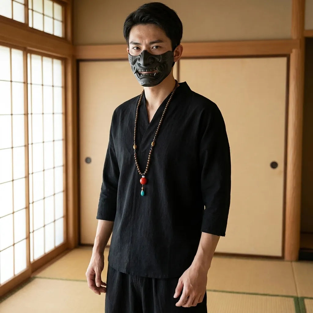 Schwarzes japanisches T-Shirt aus Leinen mit V-Ausschnitt, Vorderansicht am Modell