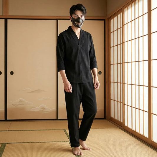 Schwarzes japanisches Leinen-T-Shirt mit dreiviertellangen Ärmeln, zweite Vorderansicht