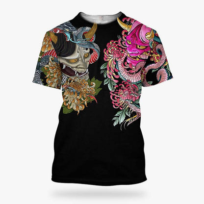 Japanisches Tattoo T-Shirt aus Baumwolle mit Oni-Dämonen Aufdruck