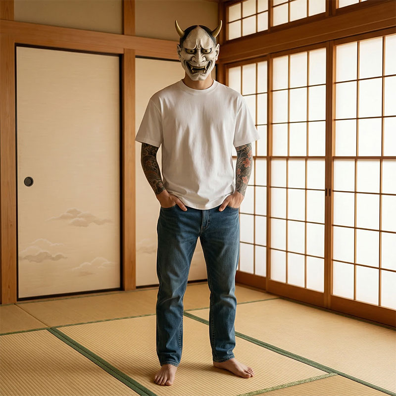 Person in weißem Harajuku T-Shirt und blauer Jeans vor Shoji-Schiebetüren