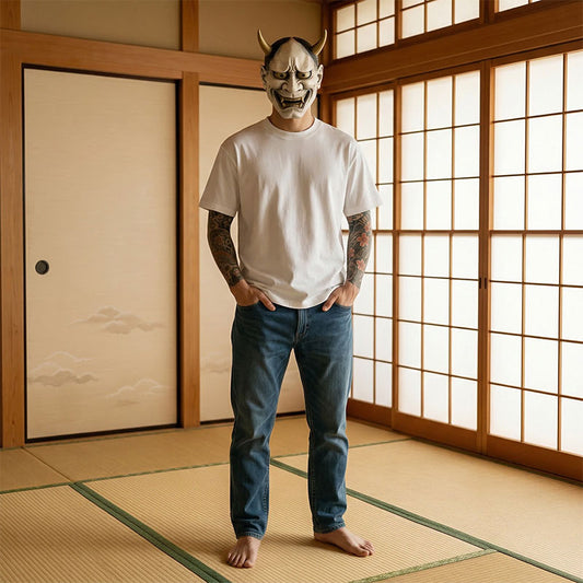 Person in weißem Harajuku T-Shirt und blauer Jeans vor Shoji-Schiebetüren