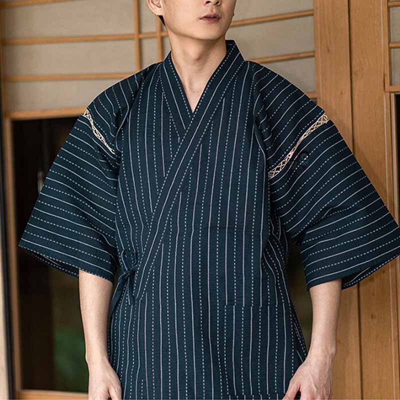 Marineblaues Jinbei Set für Herren aus Baumwolle mit kurzen Ärmeln
