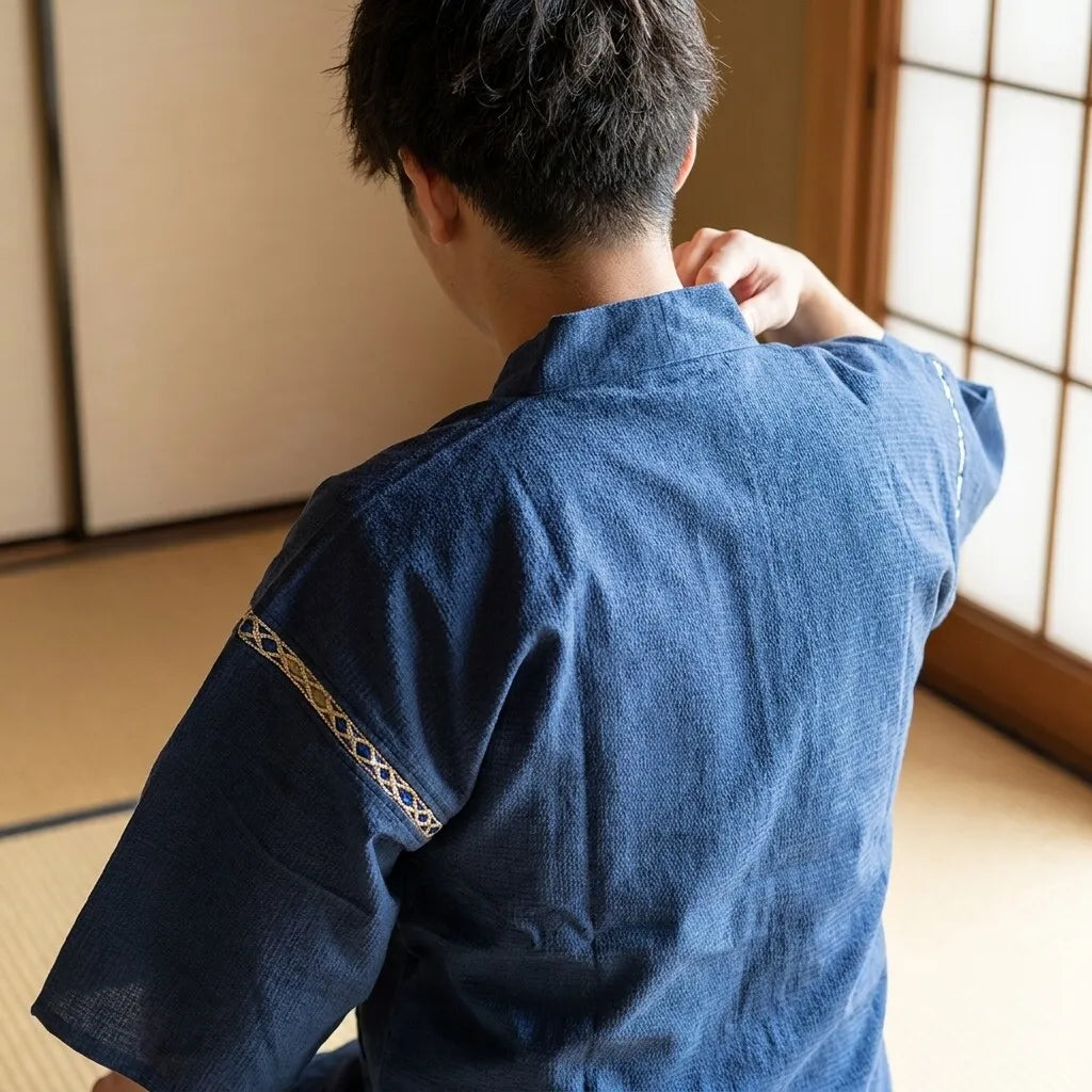 Rückansicht des Herren Jinbei mit weiten Ärmeln und seitlicher Bindung