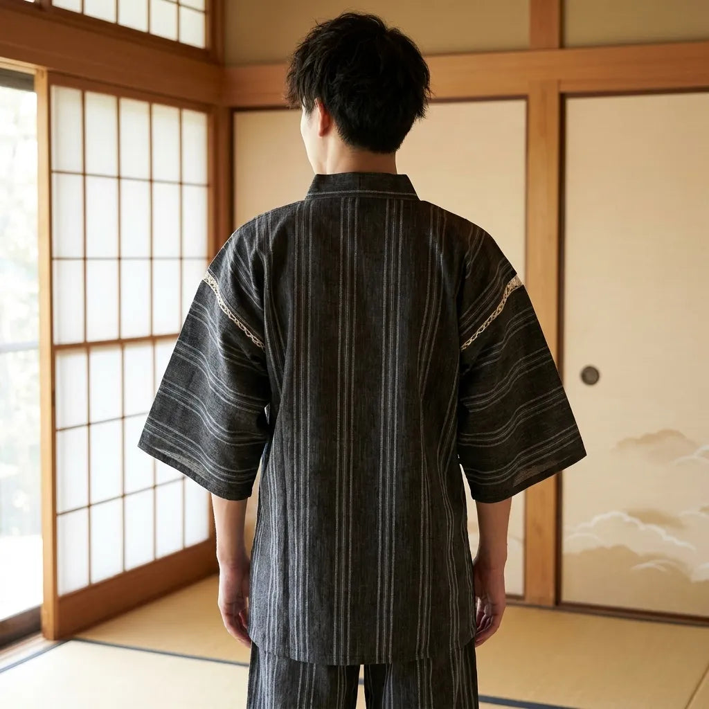 Jinbei für Herren aus Baumwolle, Rückansicht mit feinen Streifen