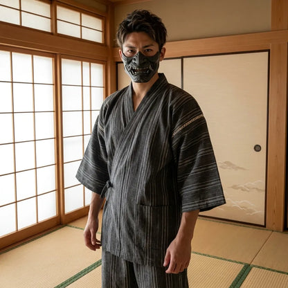 Mann trägt Jinbei aus Baumwolle in japanischem Stil, Vorderansicht