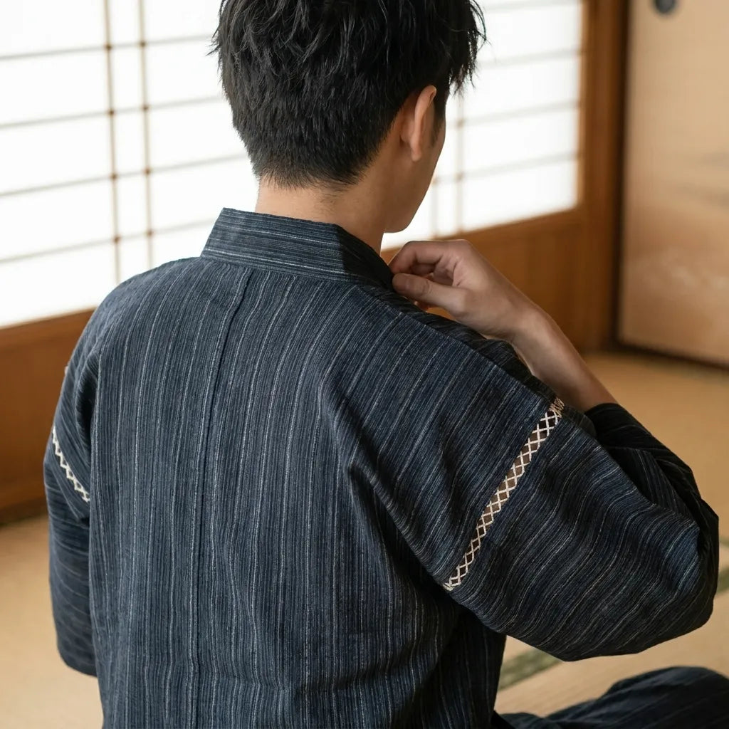 Rückansicht des Jinbei Herren Pyjama Sets mit Streifenmuster