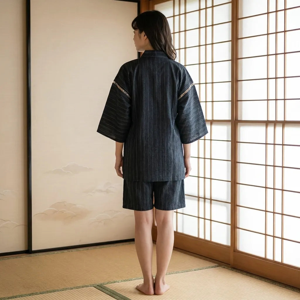 Detailansicht der Jinbei Jacke mit seitlichen Bändern von hinten