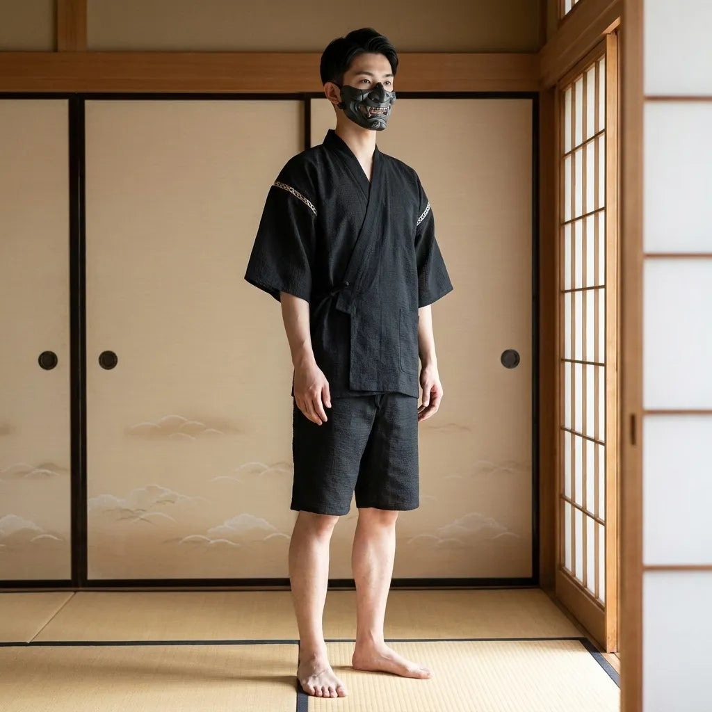 Modernes Jinbei Set für Herren mit offener Wickeljacke von vorne