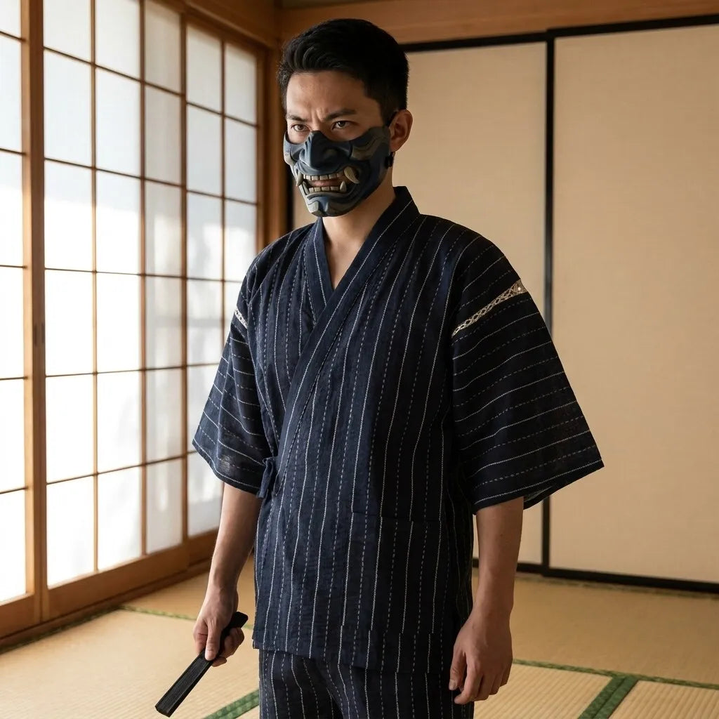 Herren Jinbei mit feinen Streifen, Vorderansicht