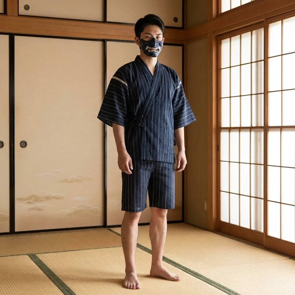 Herren Jinbei Set mit Shorts und Jacke im japanischen Streifenmuster