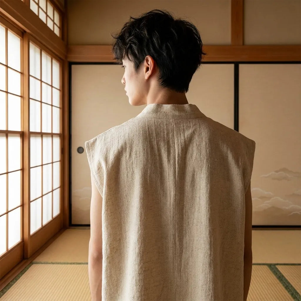 Rückansicht des ärmellosen Jinbei T-Shirts für Herren