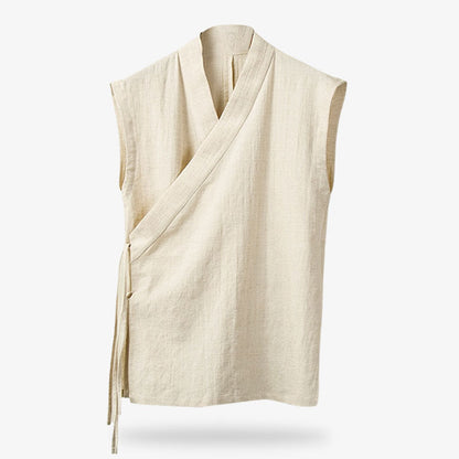 Weißes ärmelloses Jinbei T-Shirt für Herren mit V-Ausschnitt