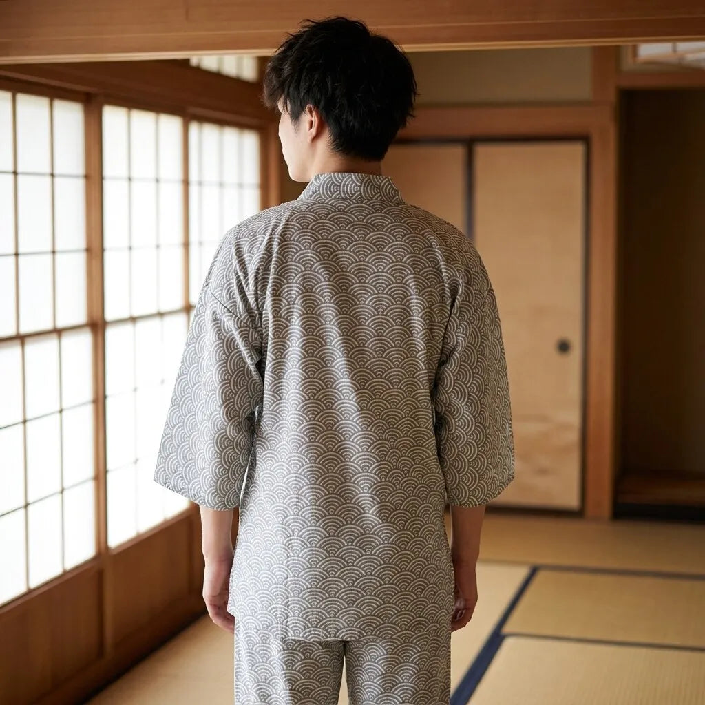 Jinbei Yukata Set in heller Farbe aus Baumwolle von hinten