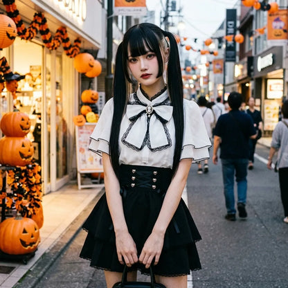 Jirai Kei Kleid-Set auf einer Tokioter Straße zu Halloween, geschnitzte Kürbisse im Hintergrund
